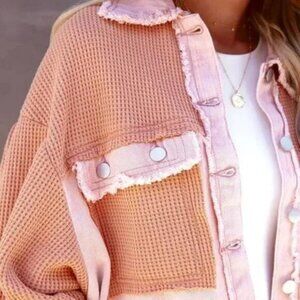 Waffle Knit Patchwork Button Down Light Jacket Sweater Pink/Cream